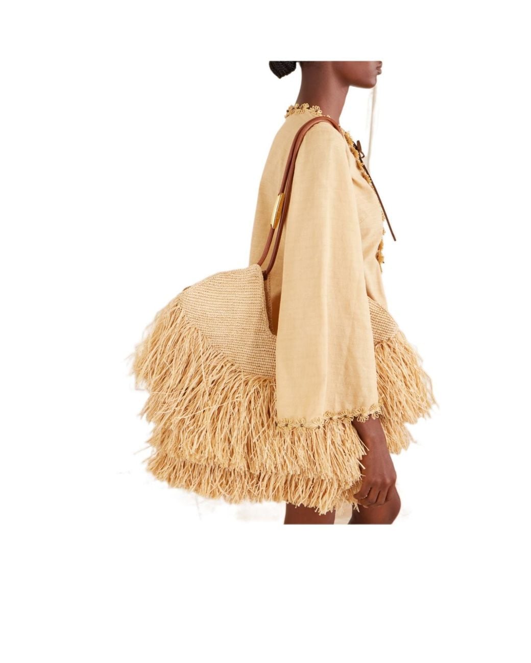 Zimmermann Natural Goldentime Medium Fringed Leather-Trimmed Raffia Tote