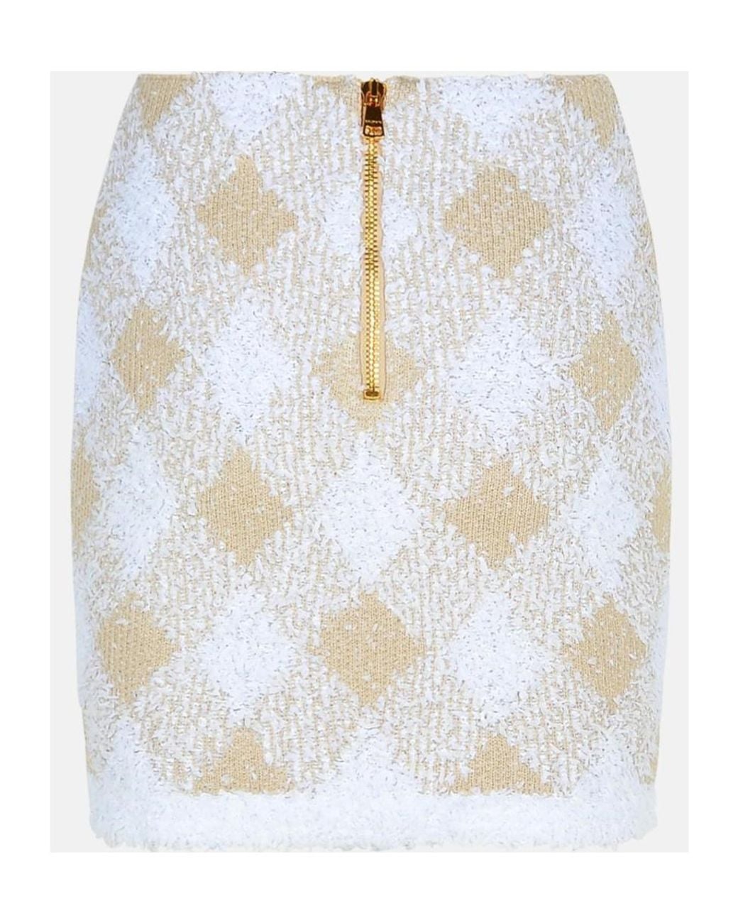 Balmain White Gingham Detailed Ribbed Hem Mini Skirt