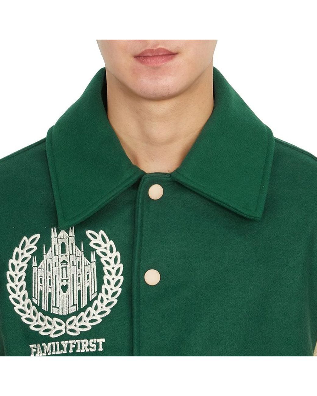 FAMILY FIRST Green Family First Varsity Patch Bomber Jacket for men