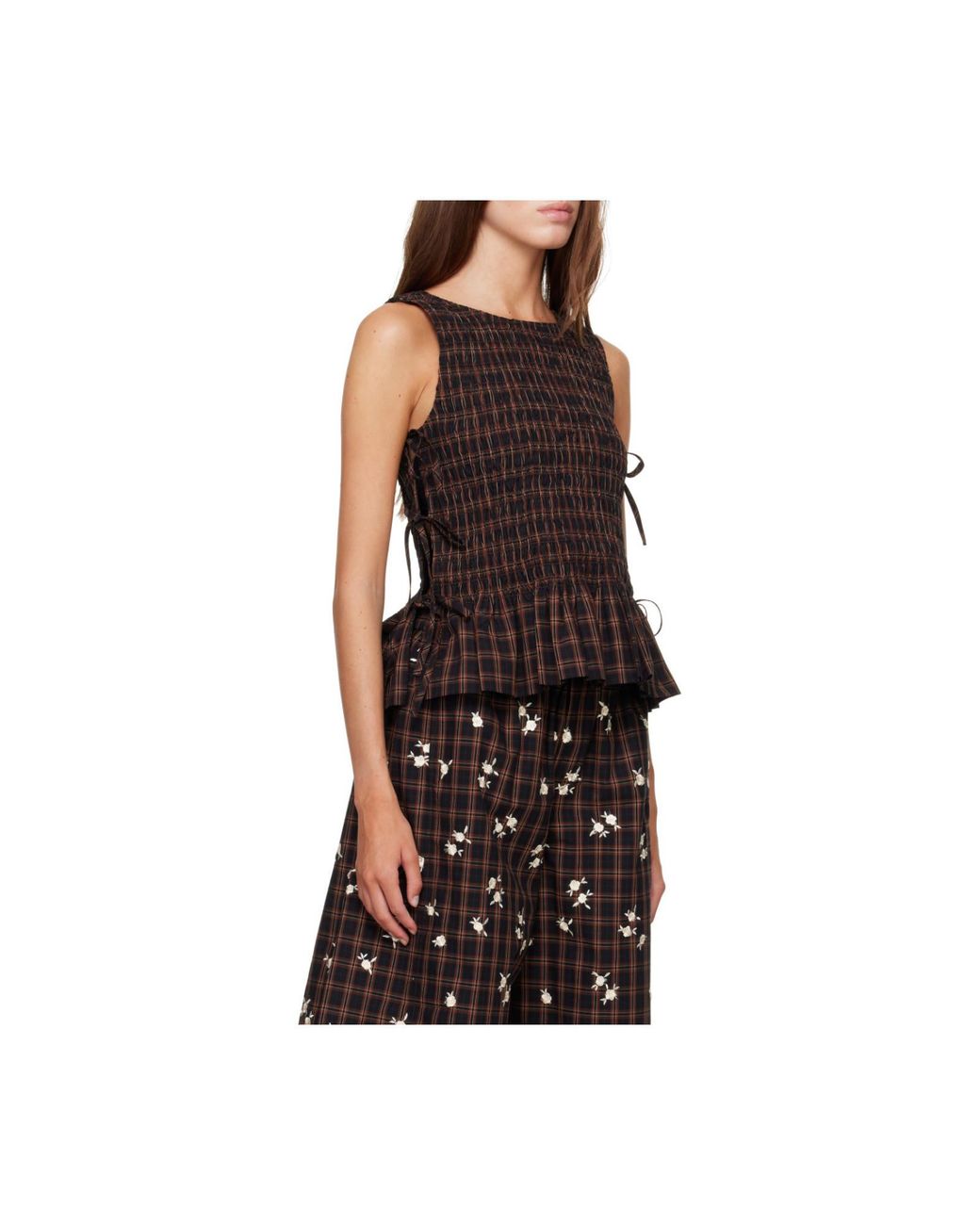 Ganni Black Smocked Check Lace-Up Top