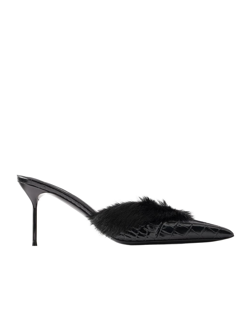 Paris Texas Black Plush-Trimmed Croc-Effect Leather Pumps