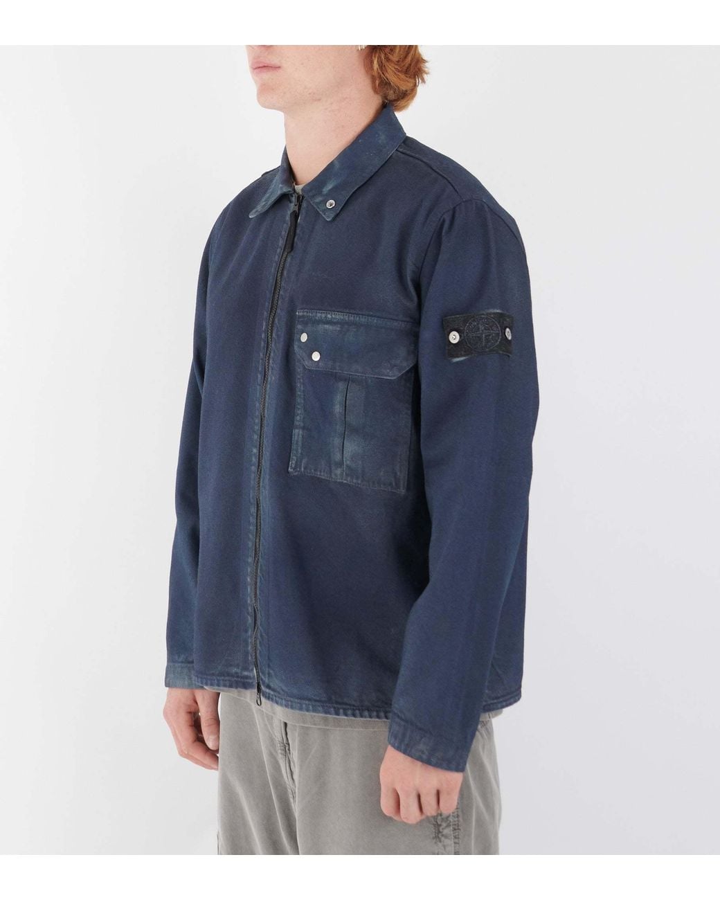 Stone Island Blue Logo Patch Zip-Up Denim Jacket for men
