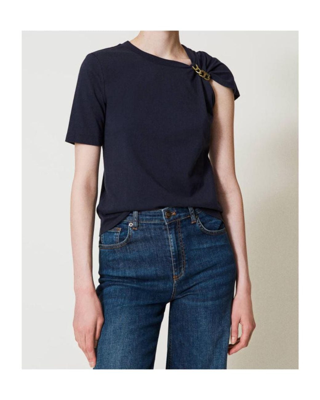 Twinset Blue One-Shoulder Logo Plaque Top
