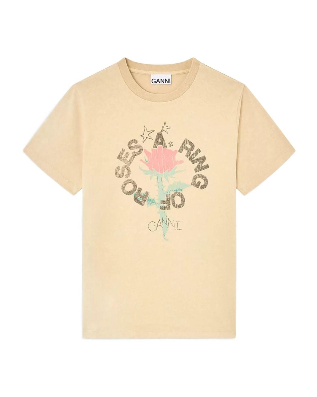 Ganni Natural Floral Printed Crewneck T-Shirt