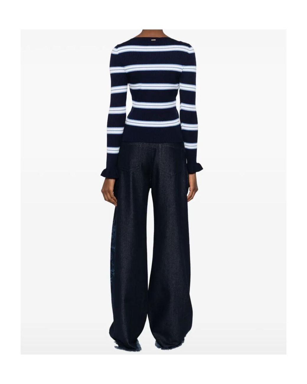 Twinset Blue Ruffled Cuff Striped Knitted Sweater