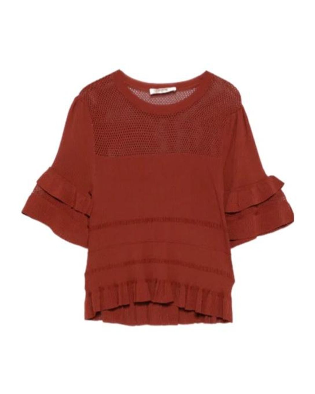 Twinset Red Ruffle Rib Knit Mesh Jumper