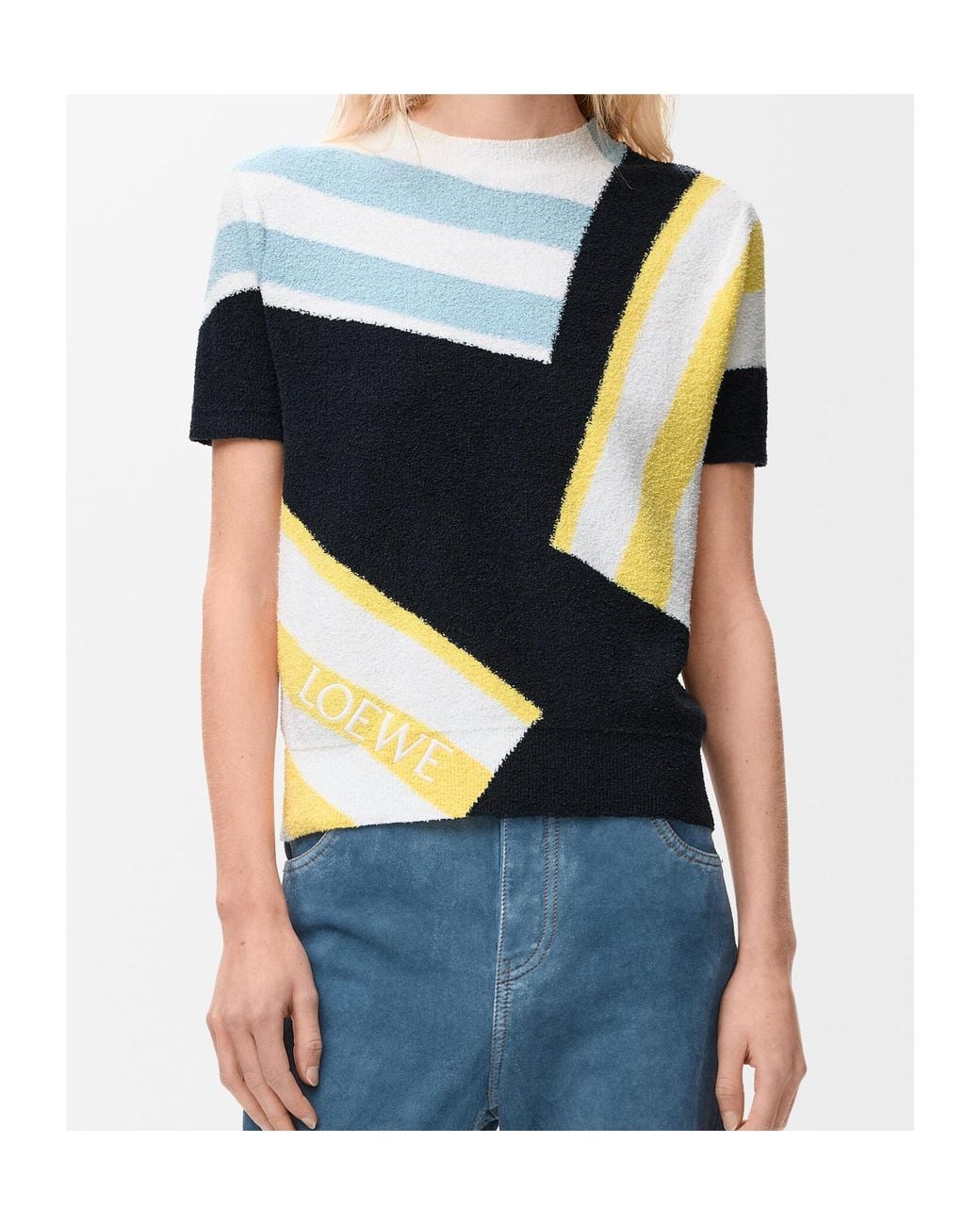 Loewe Blue Striped-Details Knitted Cotton T-Shirt