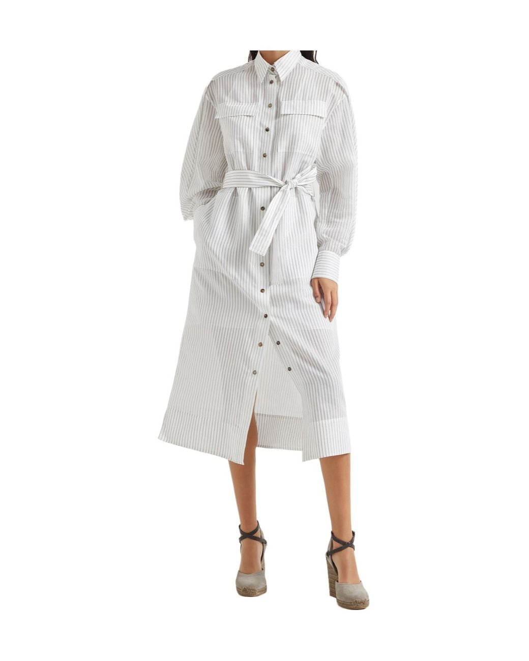 Brunello Cucinelli White Striped Shirt Midi Dress