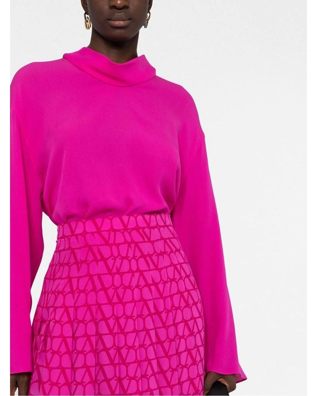 Valentino Pink Bow-Detail Funnel Neck Silk Top