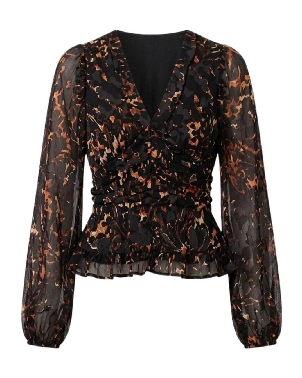 AllSaints Black Ruffled Animal-Print Blouse