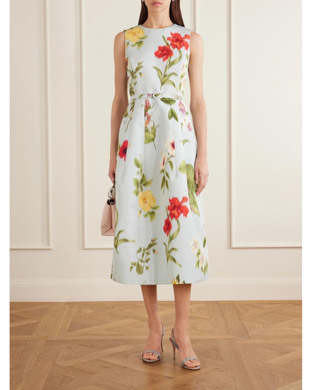 Oscar de la Renta White Belted Floral-Print Faille Midi Dress