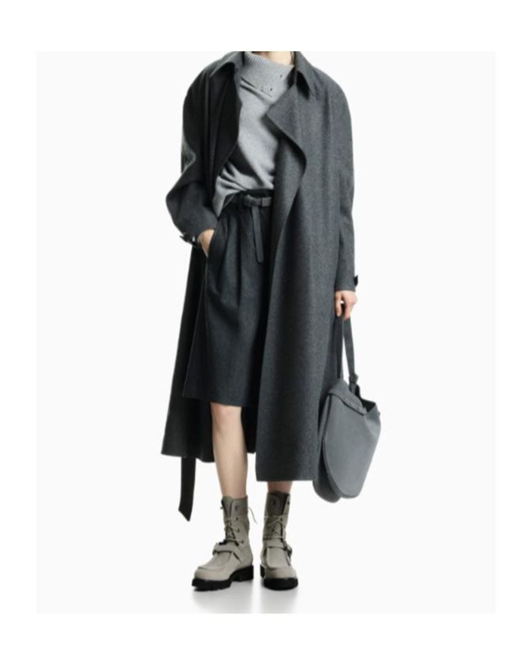 Emporio Armani Gray Belted Wool-Blend Oversized Coat