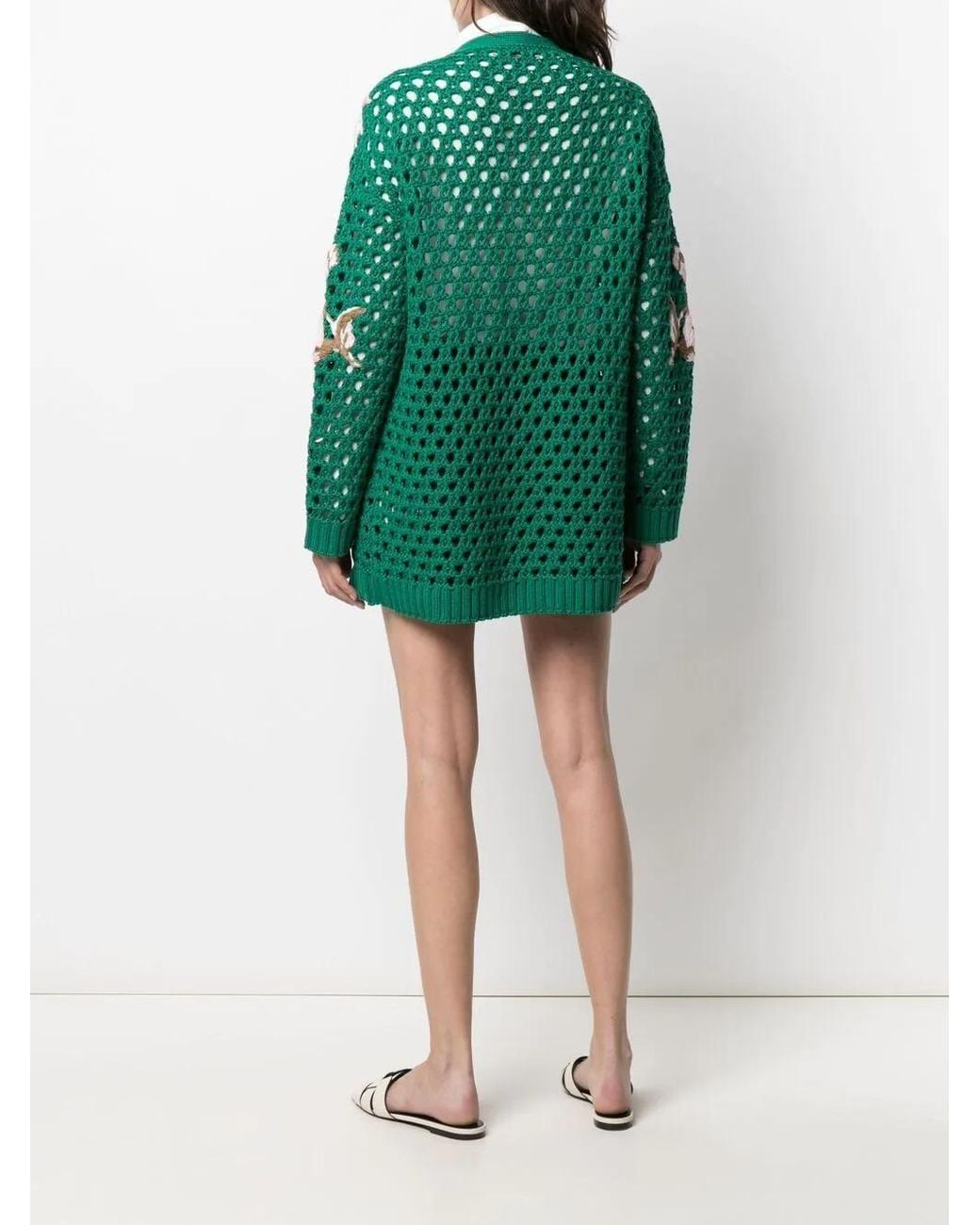 Valentino Green Lilium-Embroidered Cotton Cardigan