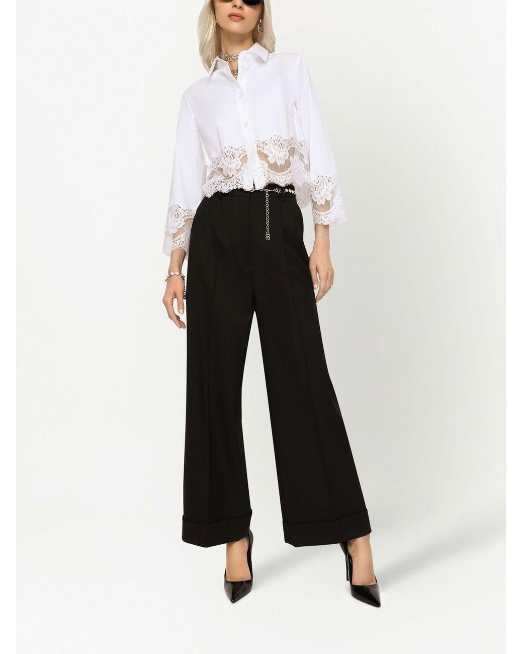 Dolce & Gabbana White Lace Detailed Cropped Poplin Shirt