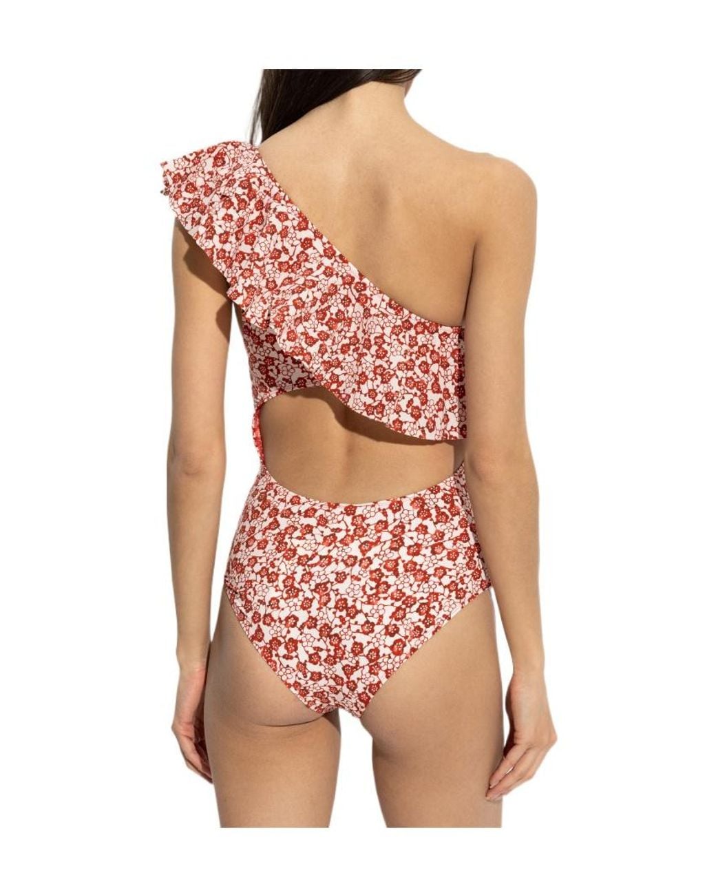 Isabel Marant Red Sicilya Ruffled Floral Swimsuit
