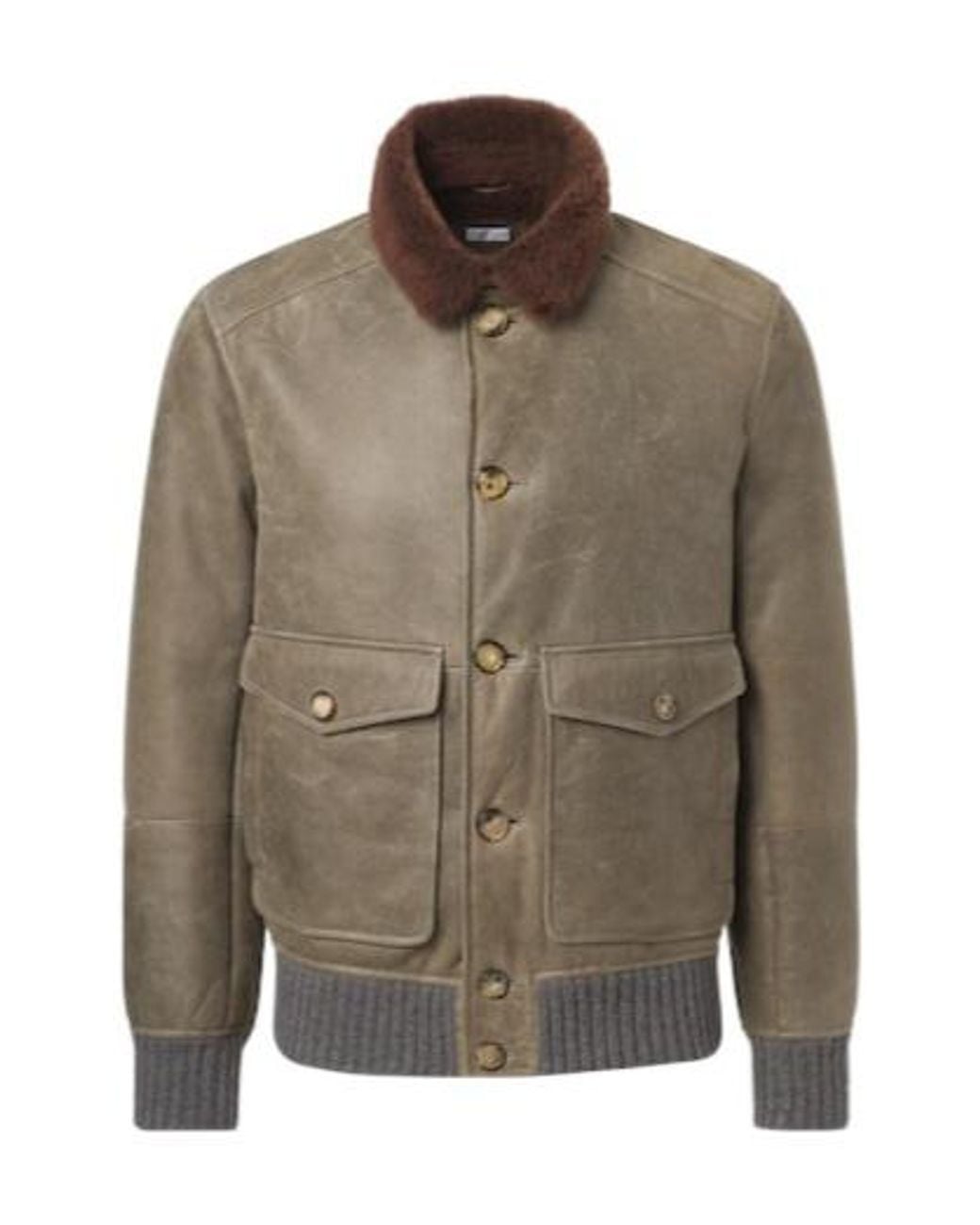 Brunello Cucinelli Brown Shearling-Lined Leather Blouson Jacket for men