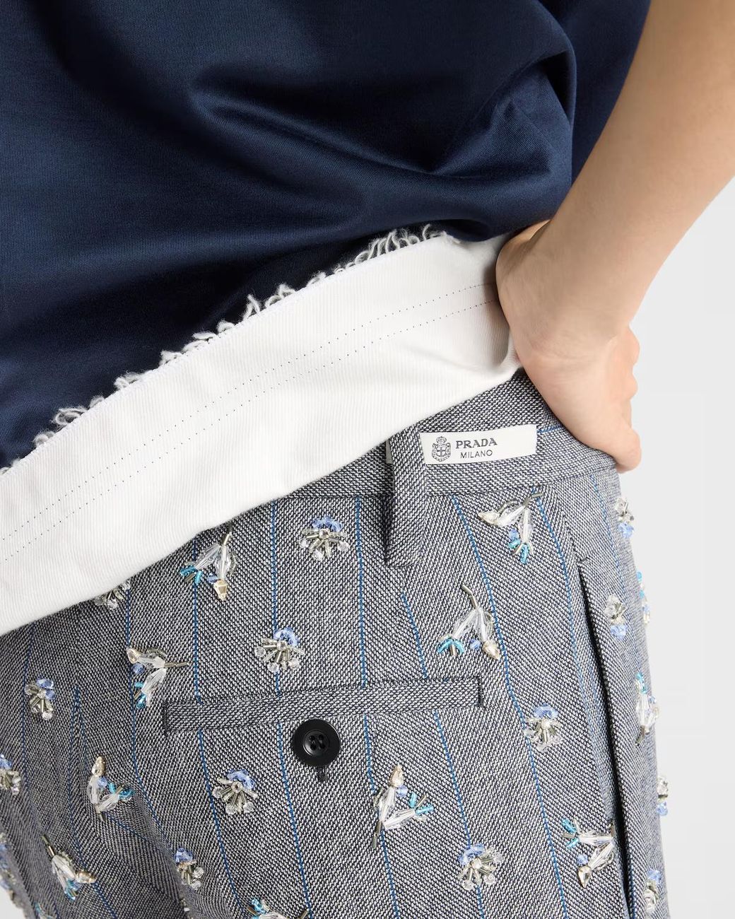Prada Gray Embroidered Wool Pinstripe Shorts
