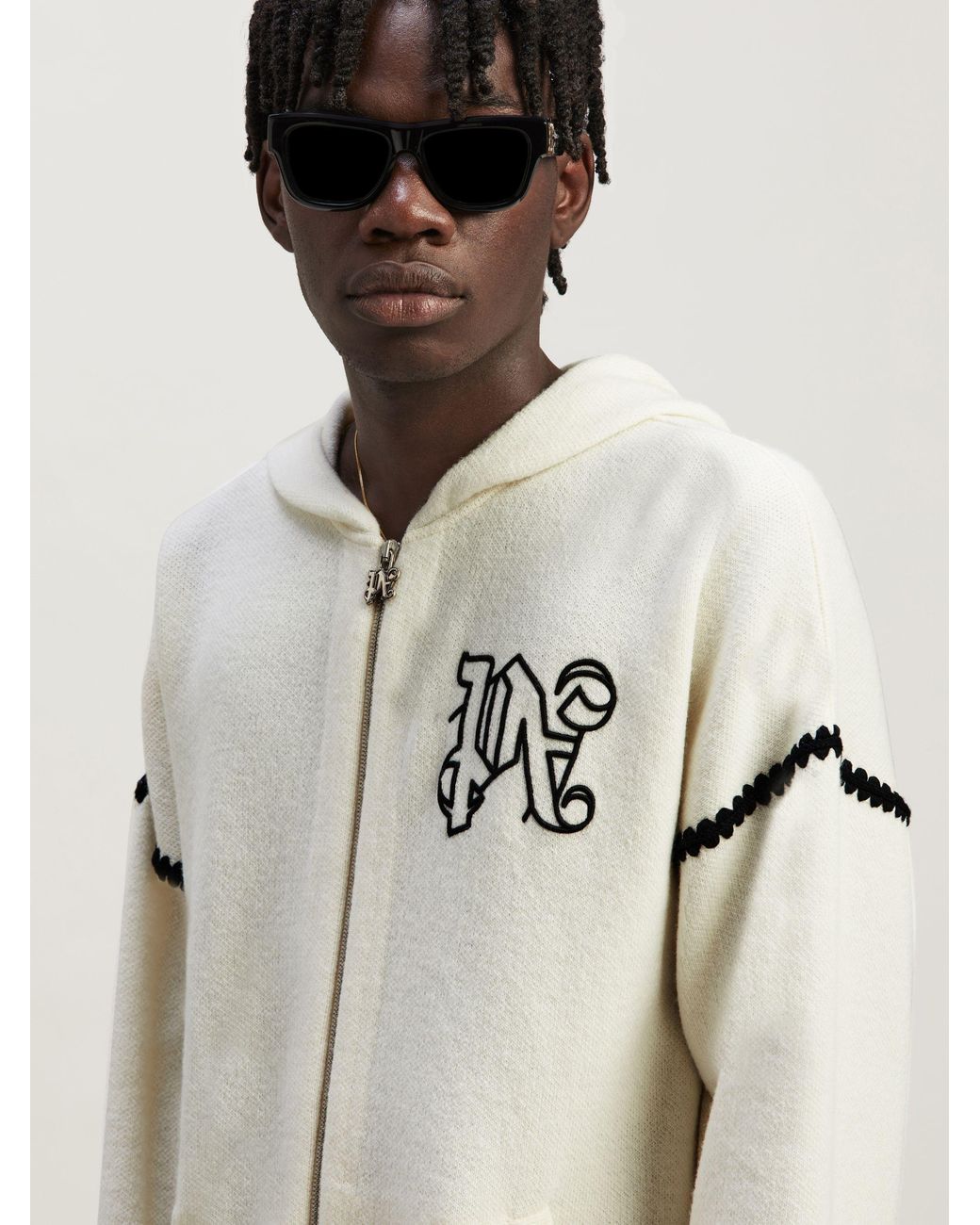 Palm Angels Natural Monogram Embroidered Zipped Knitted Hoodie for men