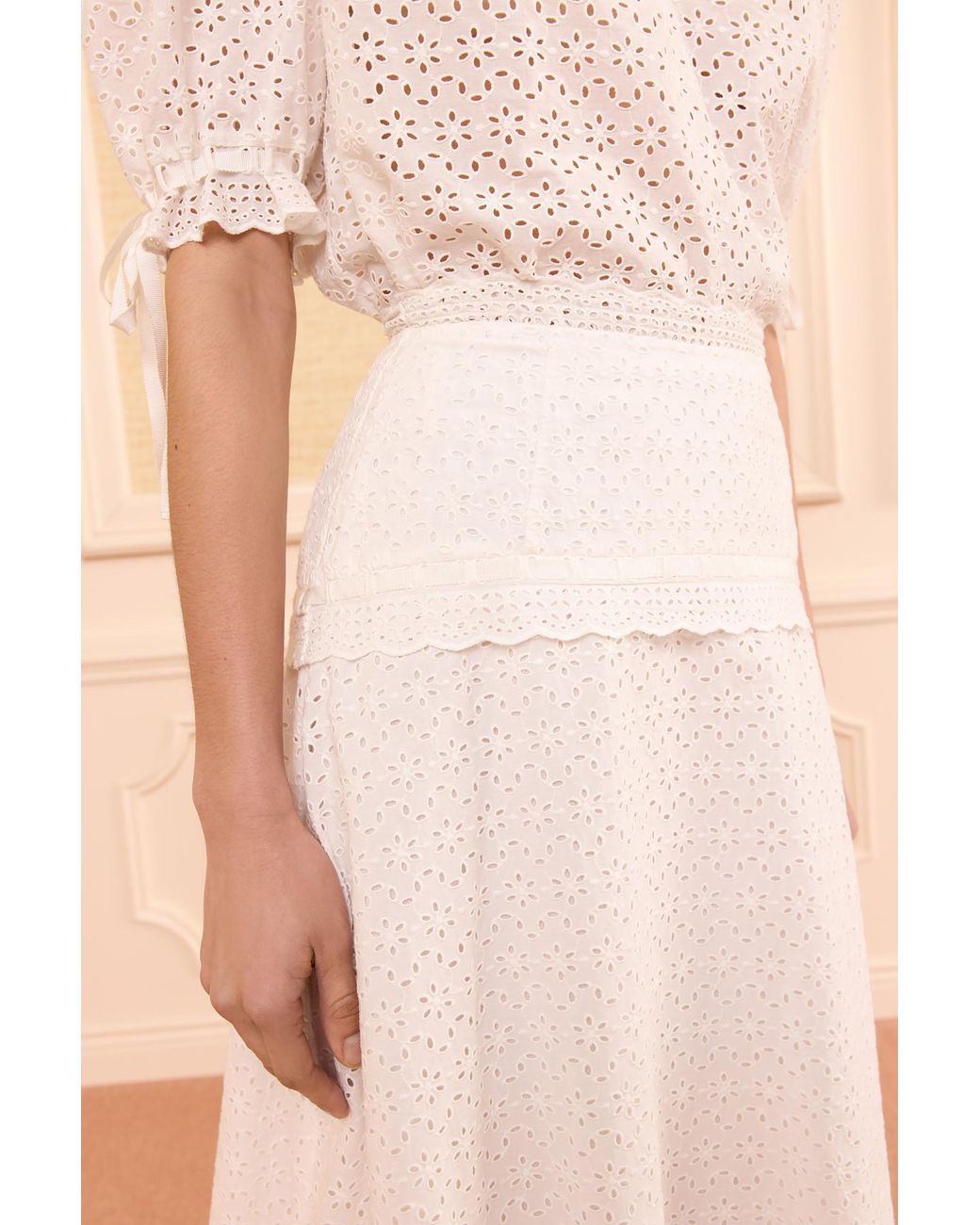 Ulla Johnson White Broderie Ruffled Midi Skirt