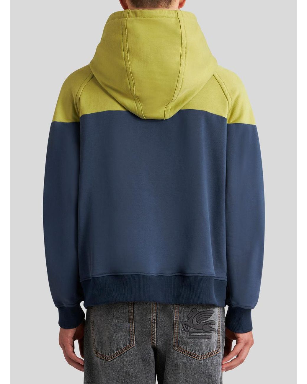 Etro Blue Pegaso-Embroidered Two-Toned Drawstring Hoodie for men