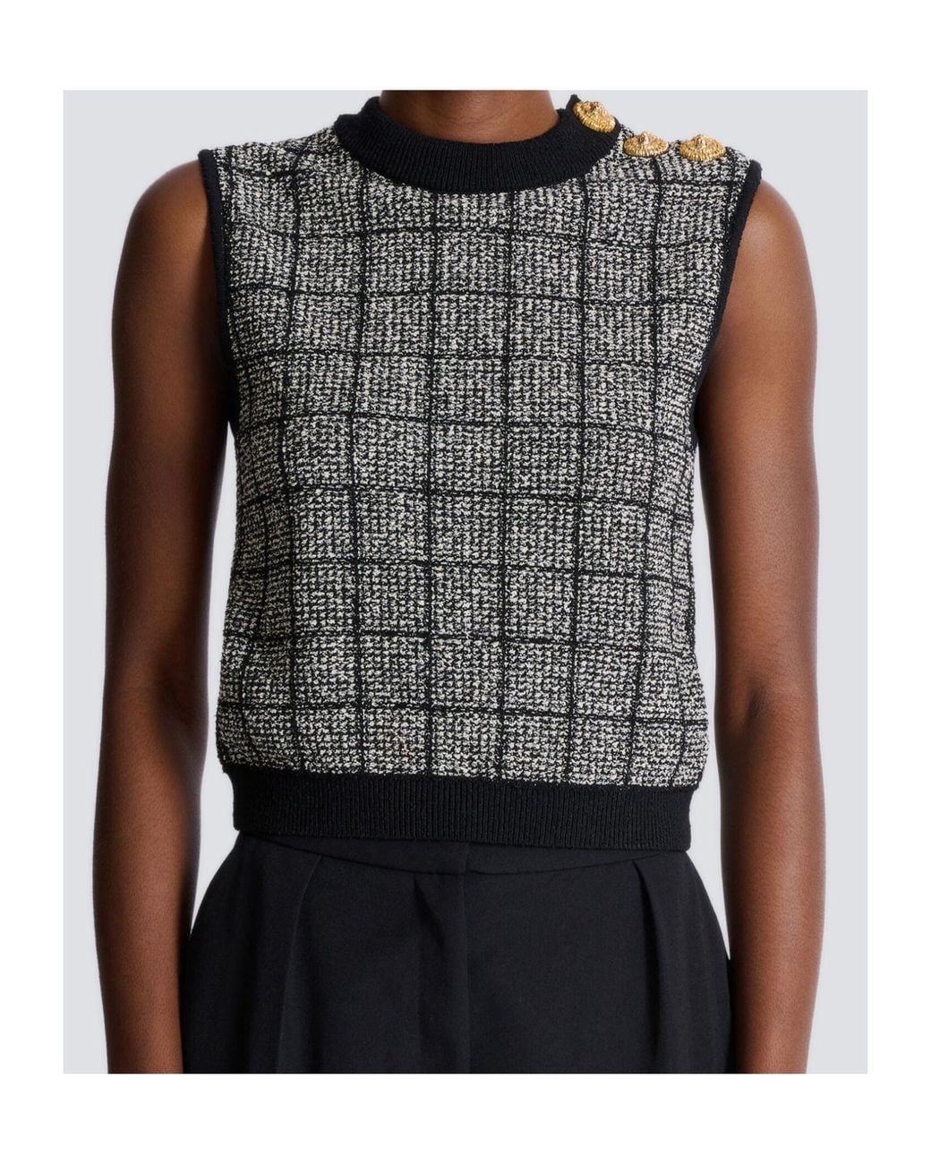 Balmain Gray Tweed Crop Top With Buttons