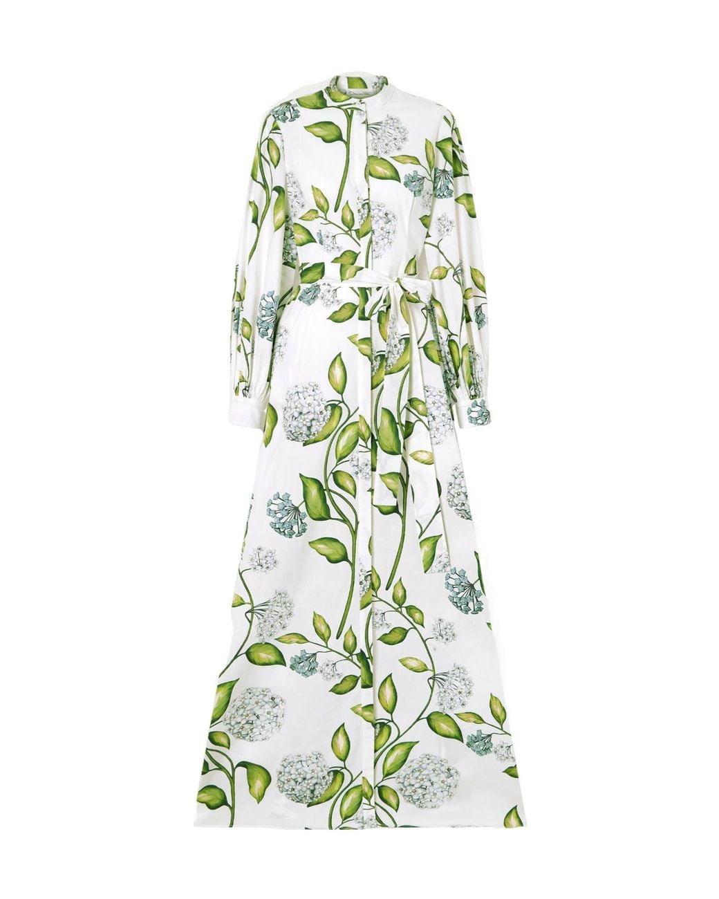Oscar de la Renta Green Belted Floral-Print Cotton-Poplin Dress