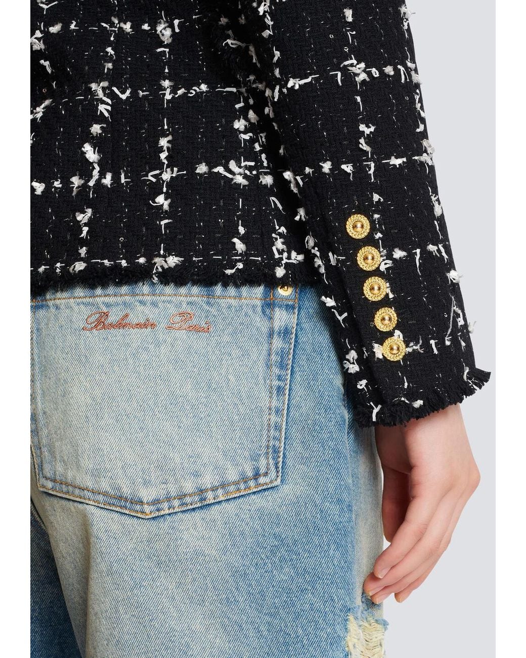 Balmain Black Check Tweed 6-Button Jacket