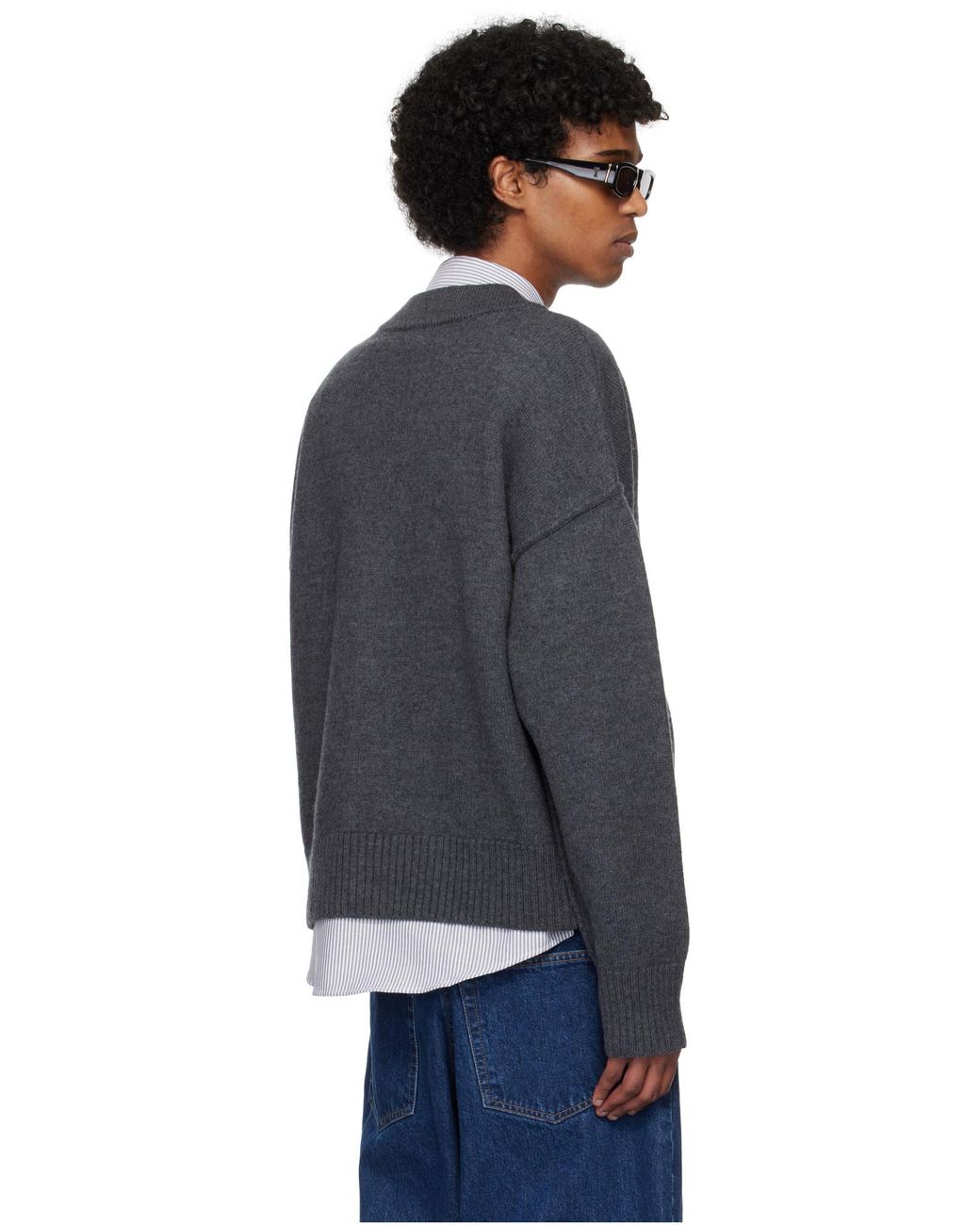 AMI Gray Ami De Coeur Logo Intarsia V-Neck Cardigan for men