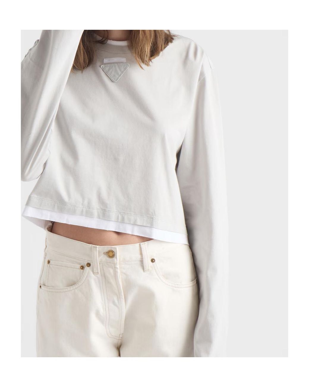 Prada White Girocollo Cropped Long-Sleeve T-Shirt