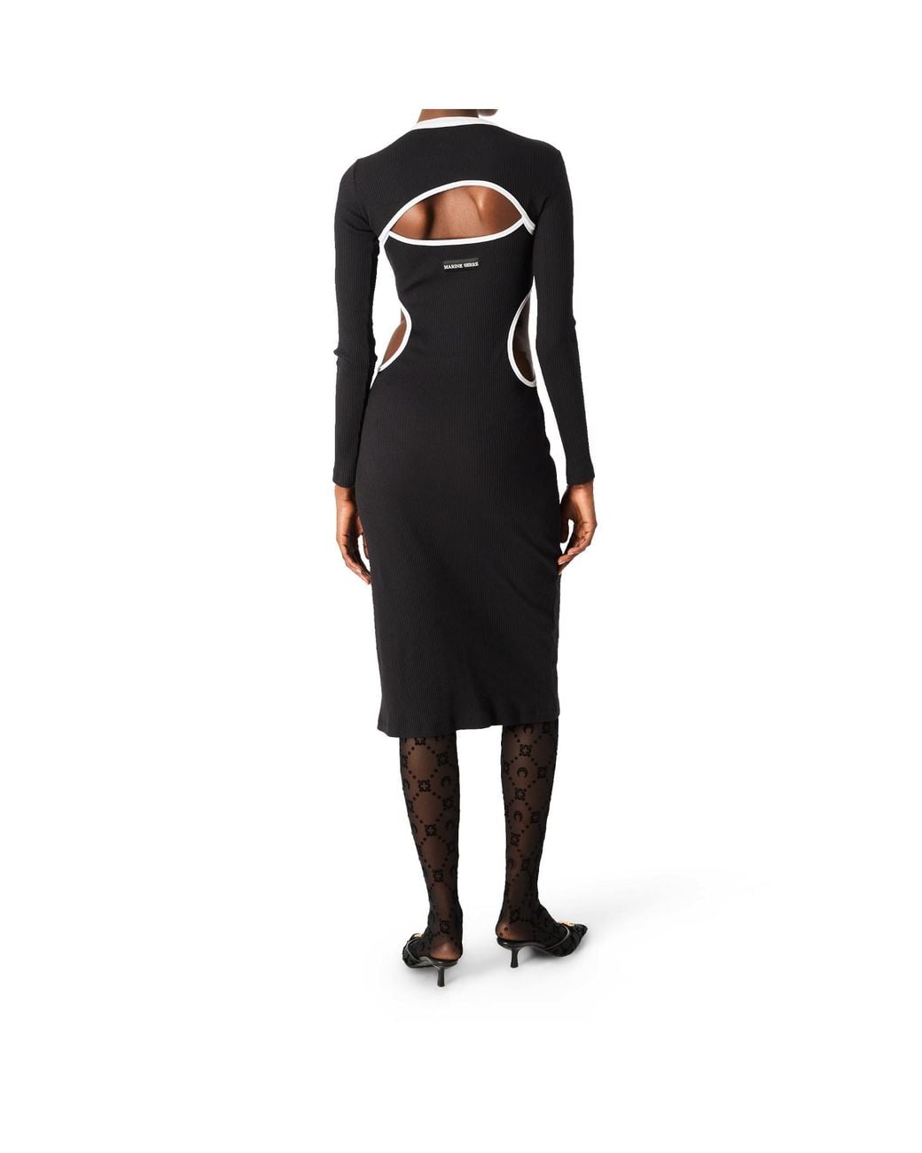 MARINE SERRE Black Moon Logo Bicolor Ribbed Jersey Cut-Out Long Dress