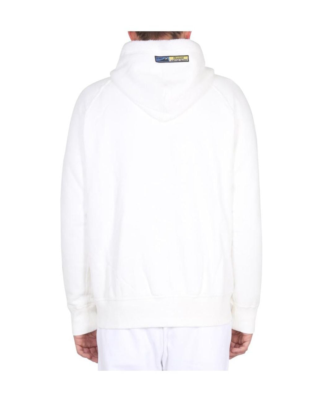 DIESEL White Logo Patch Drawstring Shearling Hoodie for men