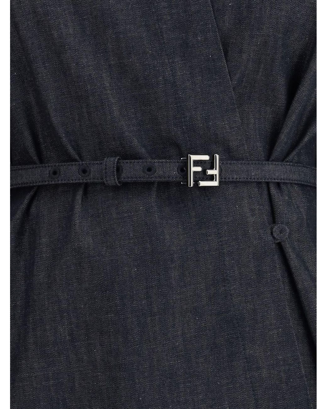 Fendi Blue Asymmetrical Cross-Over Fasten Belted Shirt Dress
