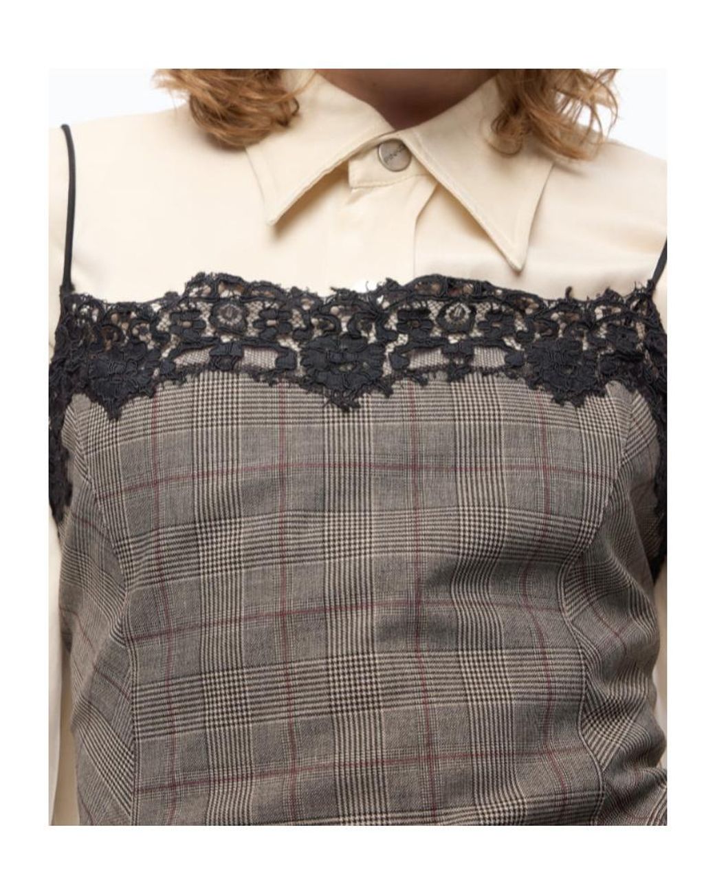 Pinko Brown Check Top With Lace