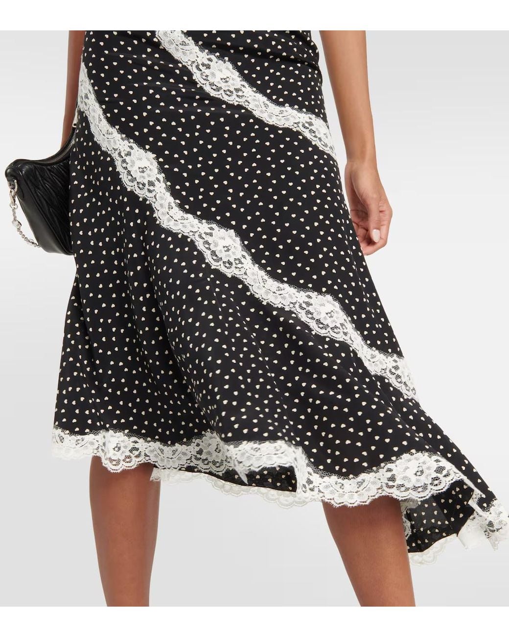 Alessandra Rich Black Lace-Trimmed Polka-Dot Silk Midi Dress