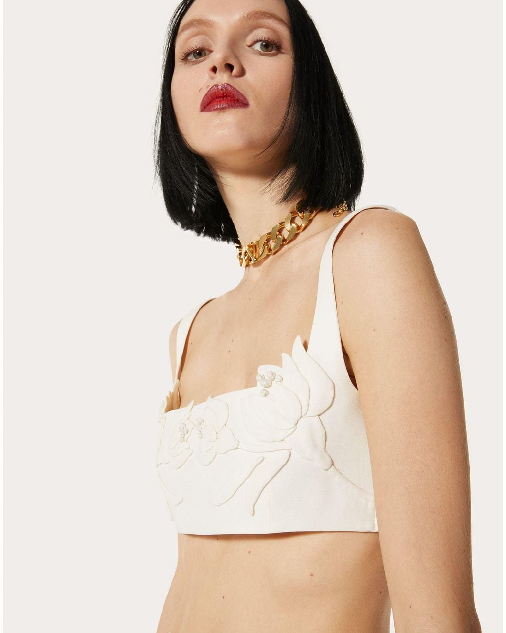 Valentino White Floral-Appliqué Crop Top