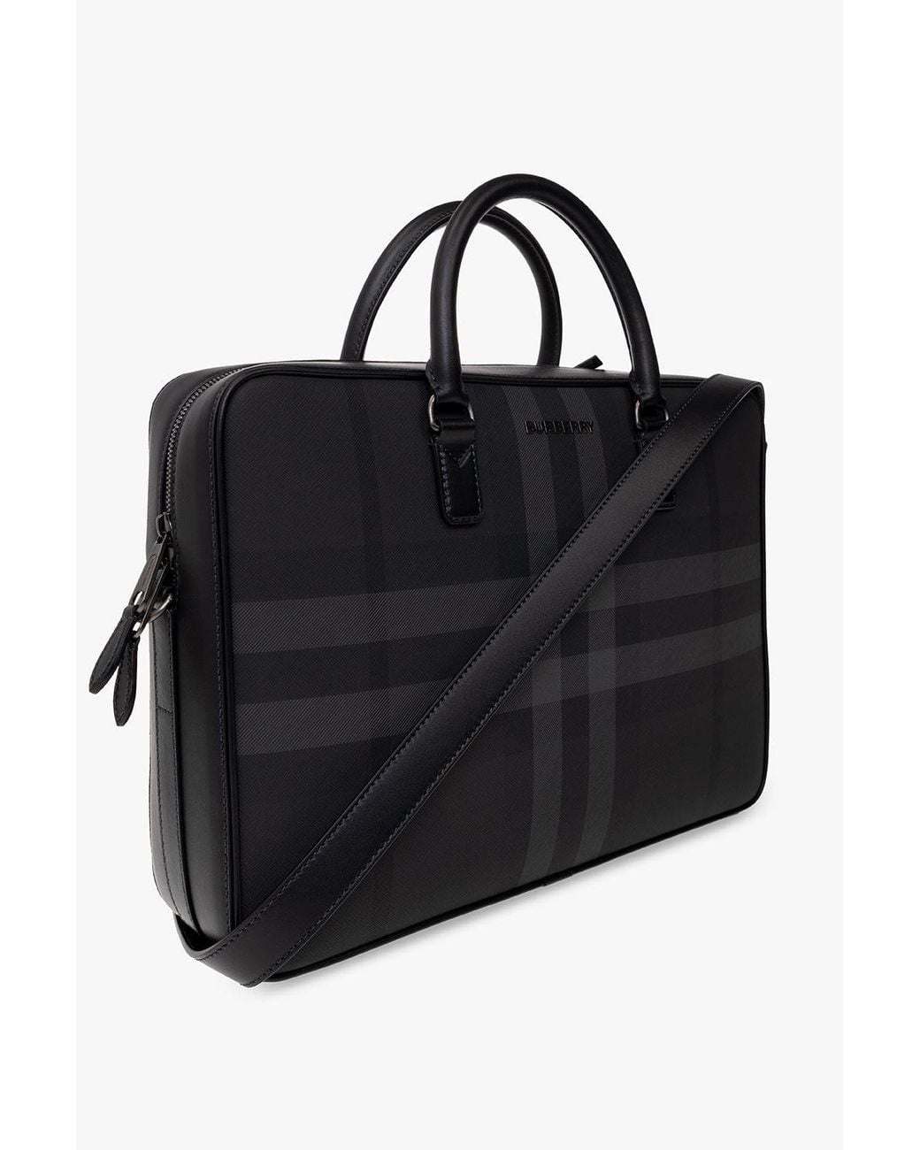 Burberry Black Check Pattern Logo Plaque Briefcase for men