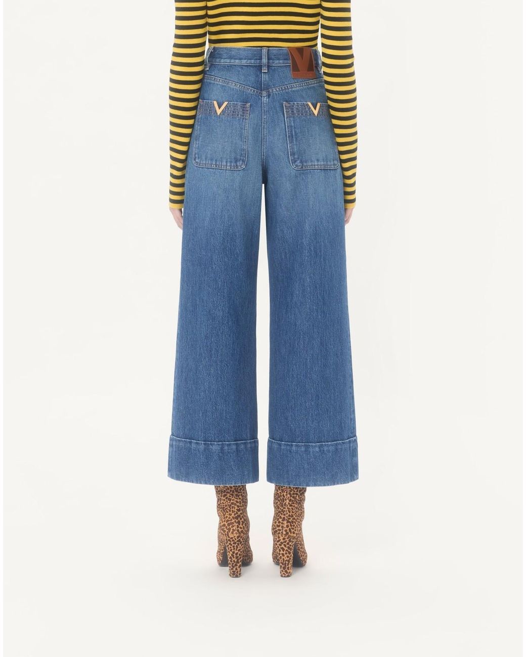 Valentino Blue Logo Plaque Cropped Jeans