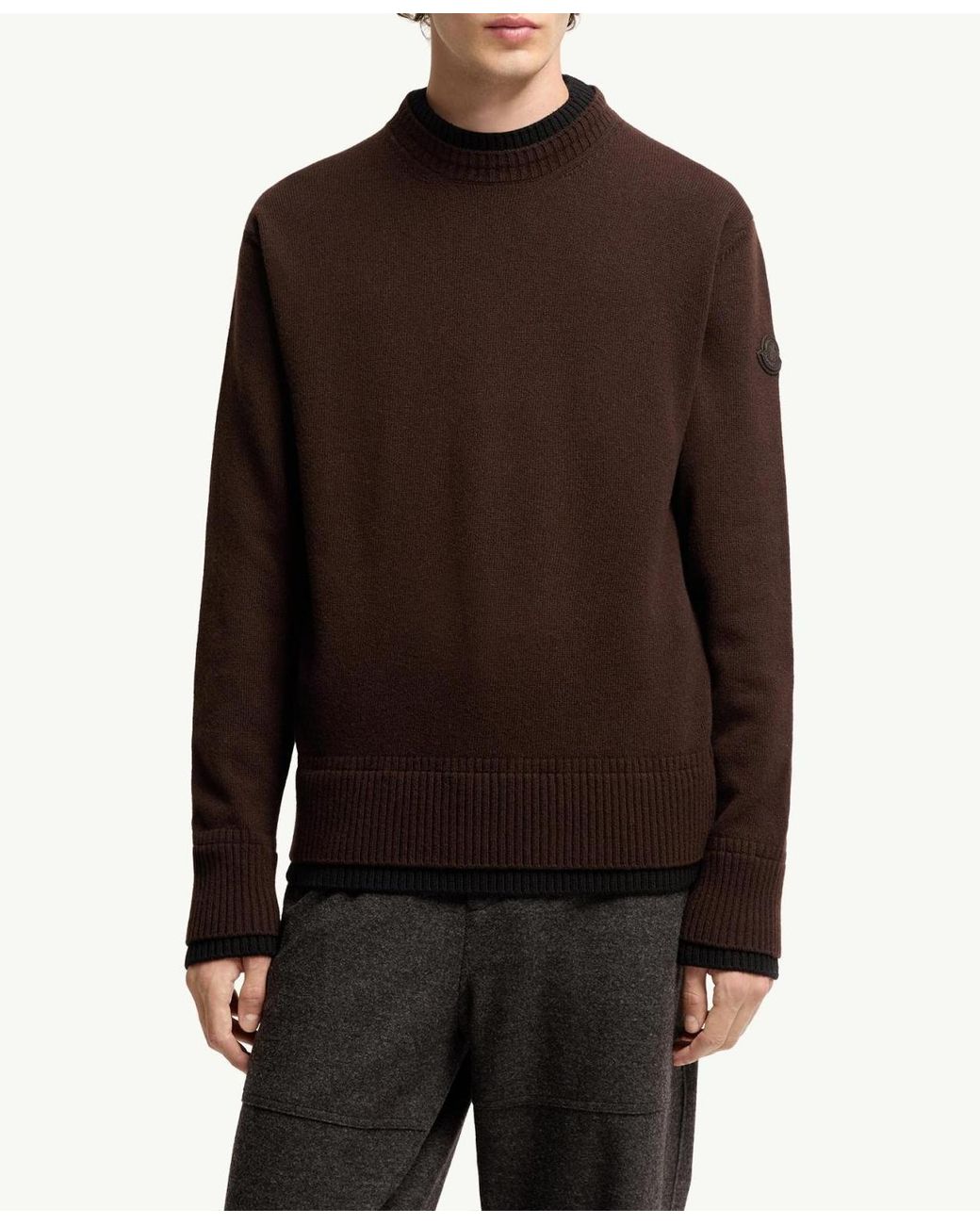 Moncler Brown Leather Logo Wool Cashmere Blend Sweater for men