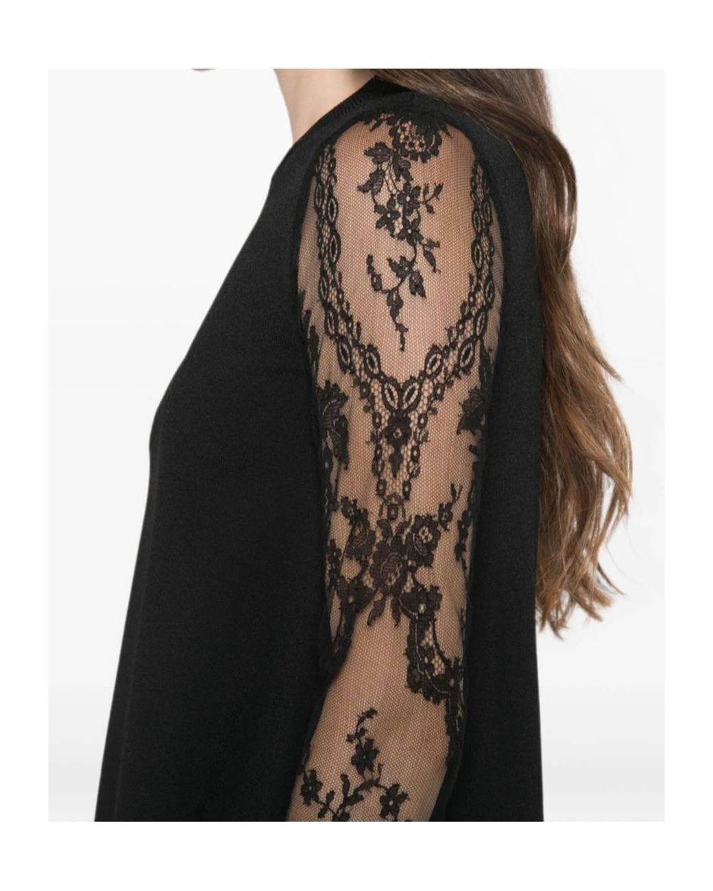 Valentino Black Lace-Sleeved Crewneck Mini Dress