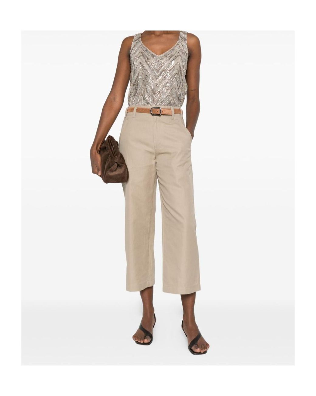 Brunello Cucinelli Natural Sequin-Embellished Chevron Top