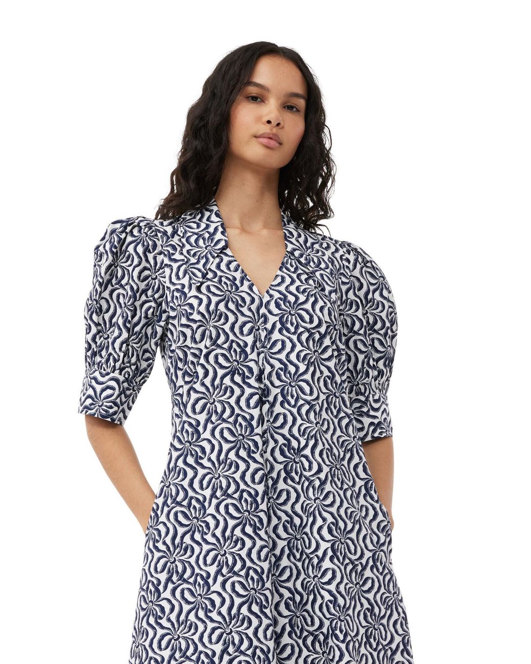 Ganni Blue Printed Cotton Poplin V-Neck Long Dress