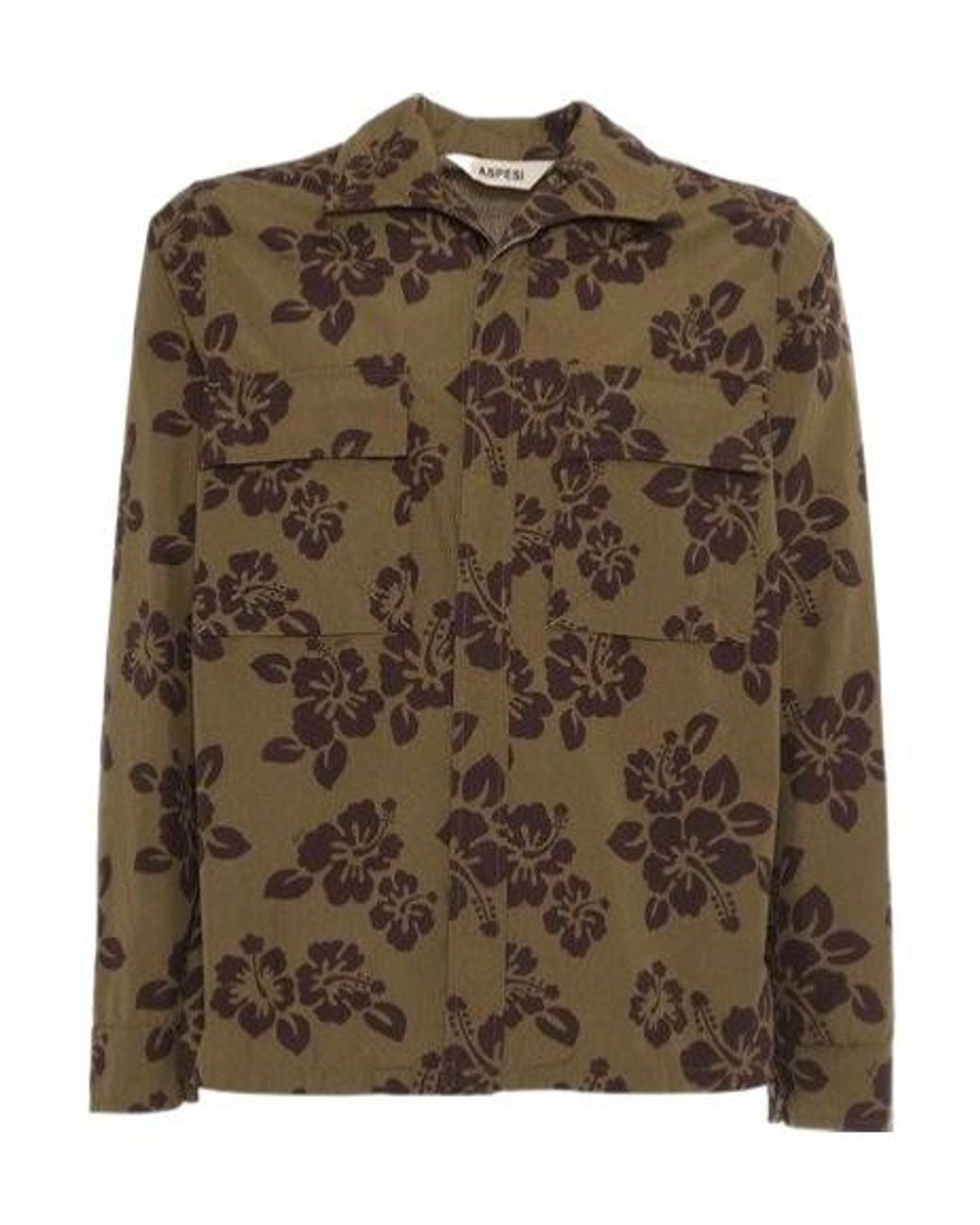 Aspesi Green Jarvis Shirt With Khaki Flowers for men
