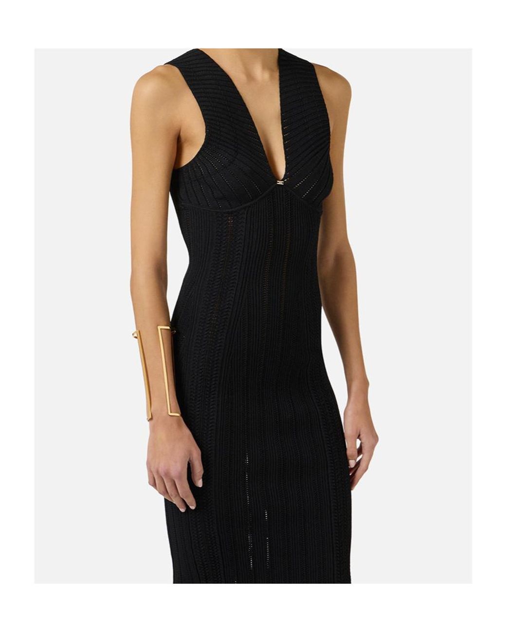Elisabetta Franchi Black Pointelle V-Neck Knitted Dress