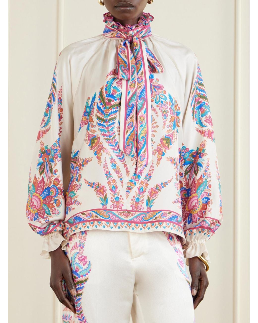 Etro Red Pussy-Bow Paisley-Print Silk Blouse