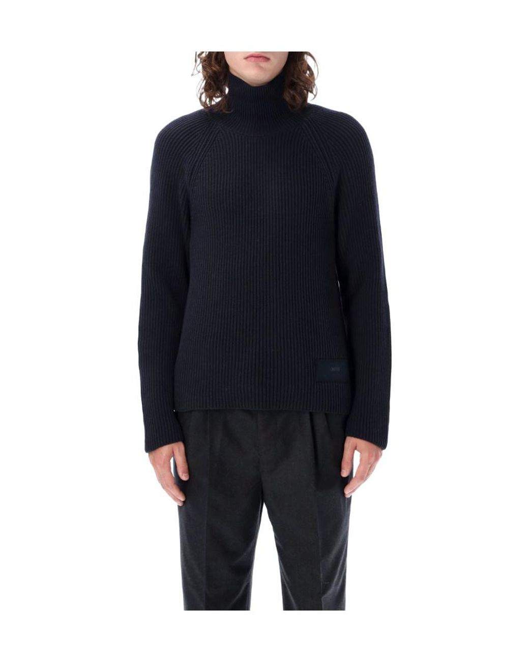 AMI Blue High Neck Ribbed Jumper for men