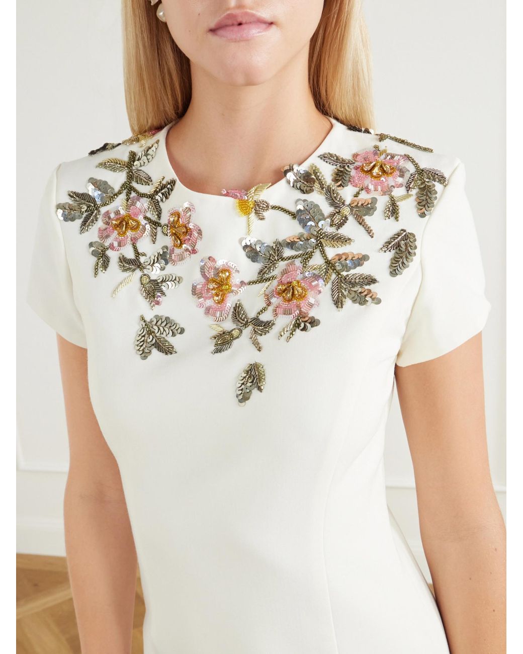 Oscar de la Renta White Floral-Embellished Crepe Midi Dress
