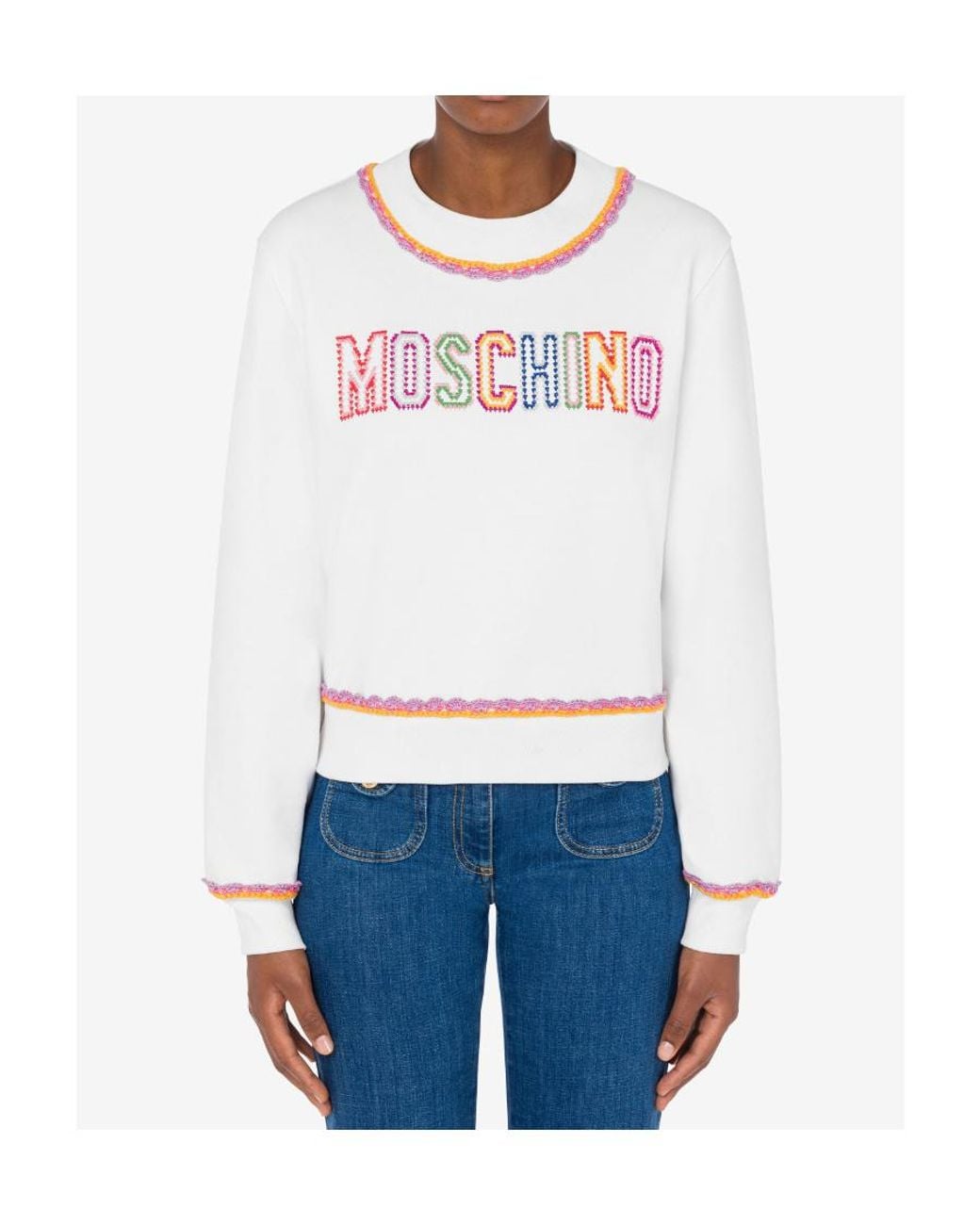 Moschino White Macramé-Trim Cotton Sweatshirt