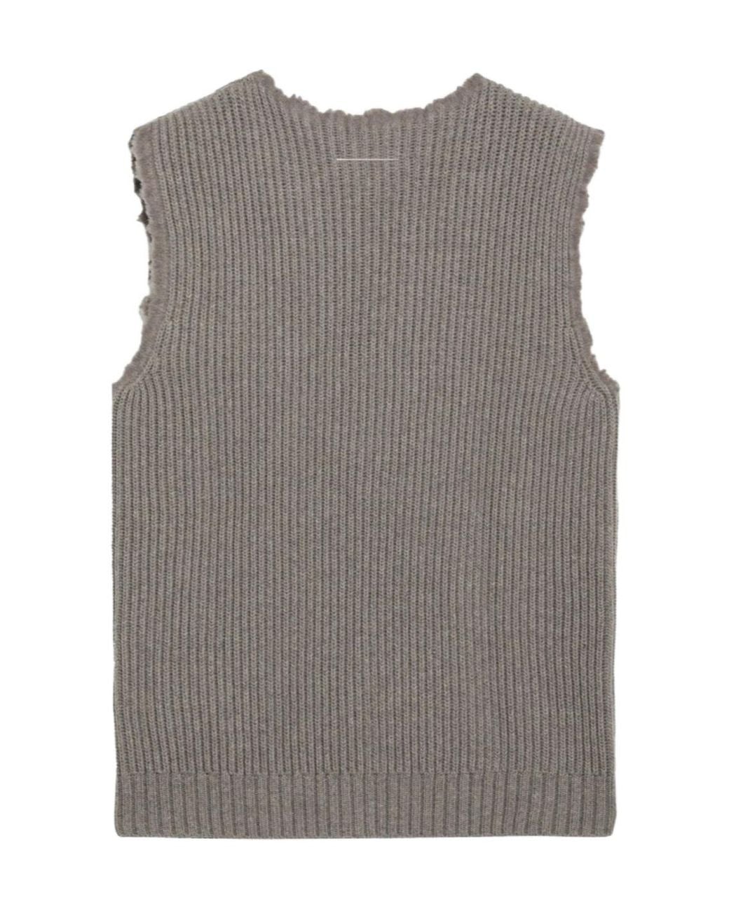 MM6 by Maison Margiela Gray Frayed-Edge Ribbed-Knit Vest for men