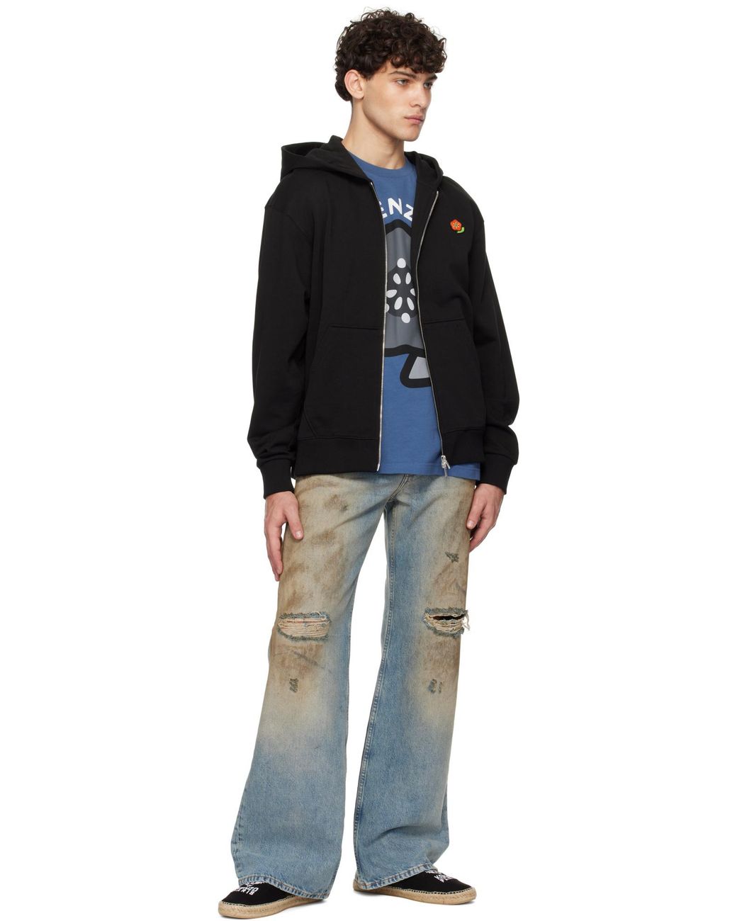 KENZO Black Pop' Embroidered Zipped Hoodie for men