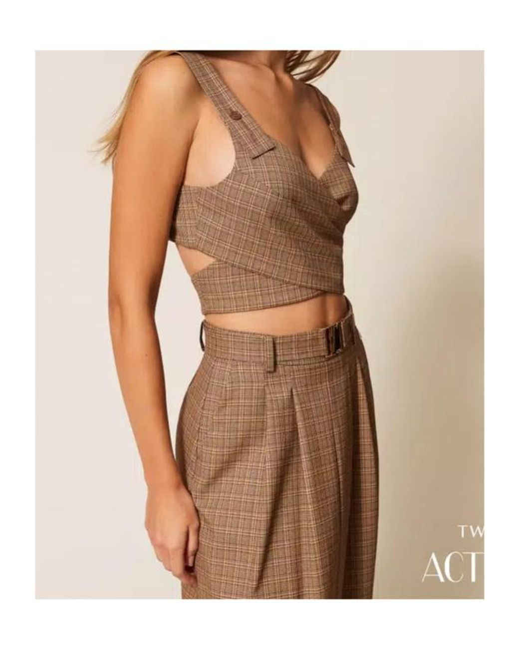 Twinset Brown Plaid-Pattern Cropped Blouse